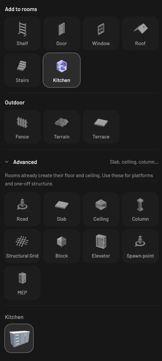 The Build tab with Kitchen chosen under Add to rooms, and the Kitchen group below the tools showing the modular cabinet tile