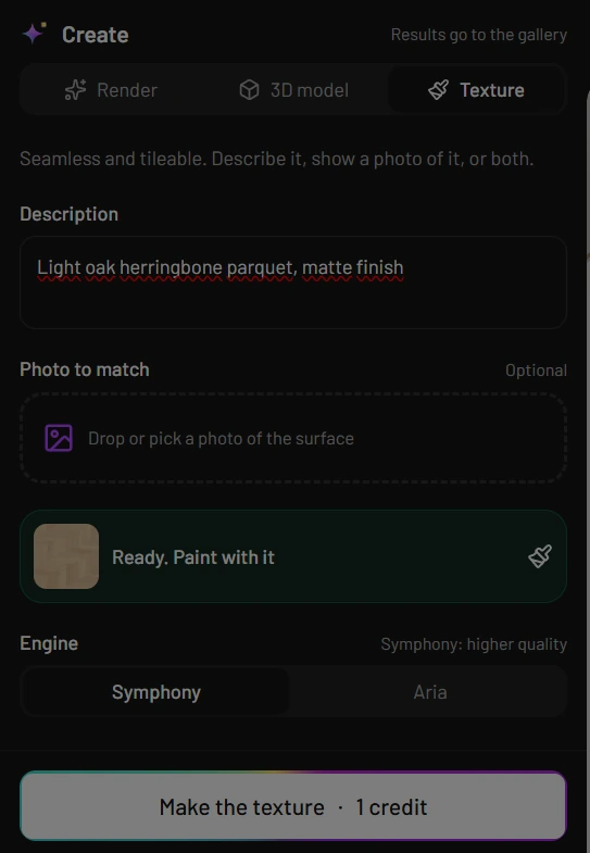 The Create panel on its Texture tab: the description Light oak herringbone parquet, matte finish, an empty Photo to match drop area, a green Ready. Paint with it card with the finished texture, the Engine choice of Symphony or Aria, and the Make the texture · 1 credit button