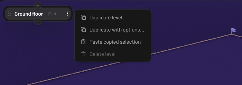 The level selector with the Ground floor row and its menu open: Duplicate level, Duplicate with options, Paste copied selection and a greyed-out Delete level