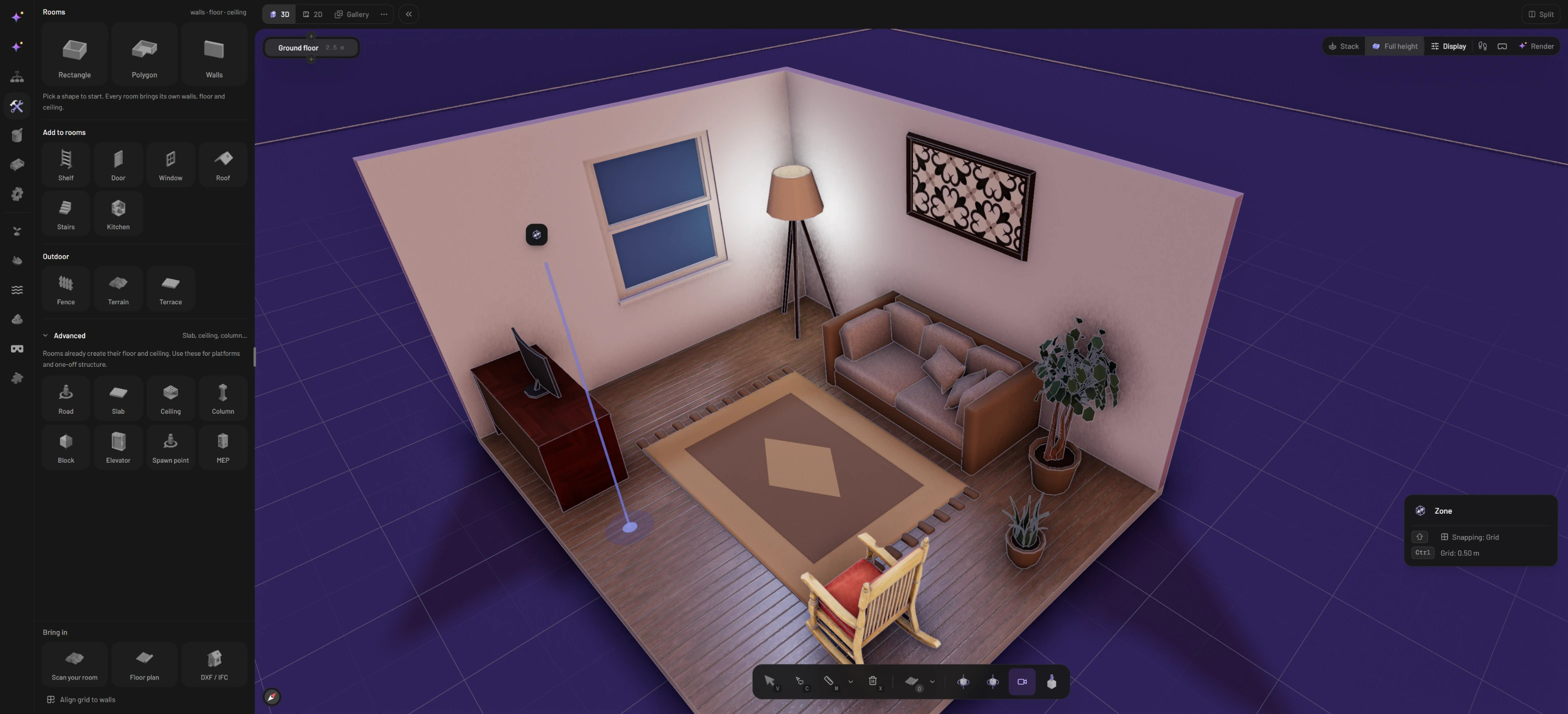 The zone tool in 3D: a corner marker with a vertical guide on the floor next to the desk, the grid showing, and the Zone panel reading Snapping: Grid and Grid: 0.50 m