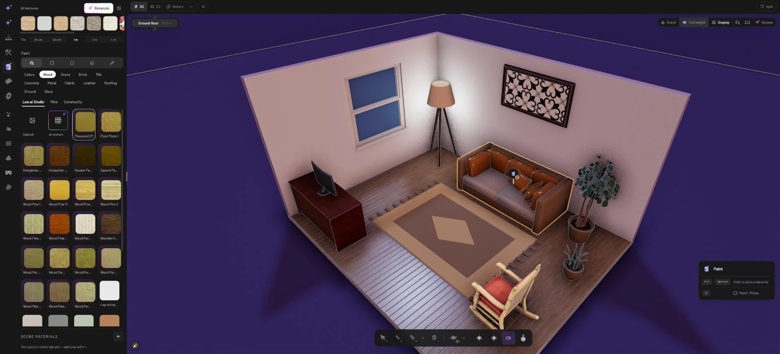 Paint mode with a wood material on the brush: the sofa is outlined and the Paint panel reads Paint: Pillow