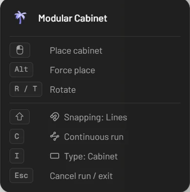 The Modular Cabinet hint panel: Place cabinet, Alt Force place, R / T Rotate, Shift Snapping: Lines, C Continuous run, I Type: Cabinet, Esc Cancel run / exit