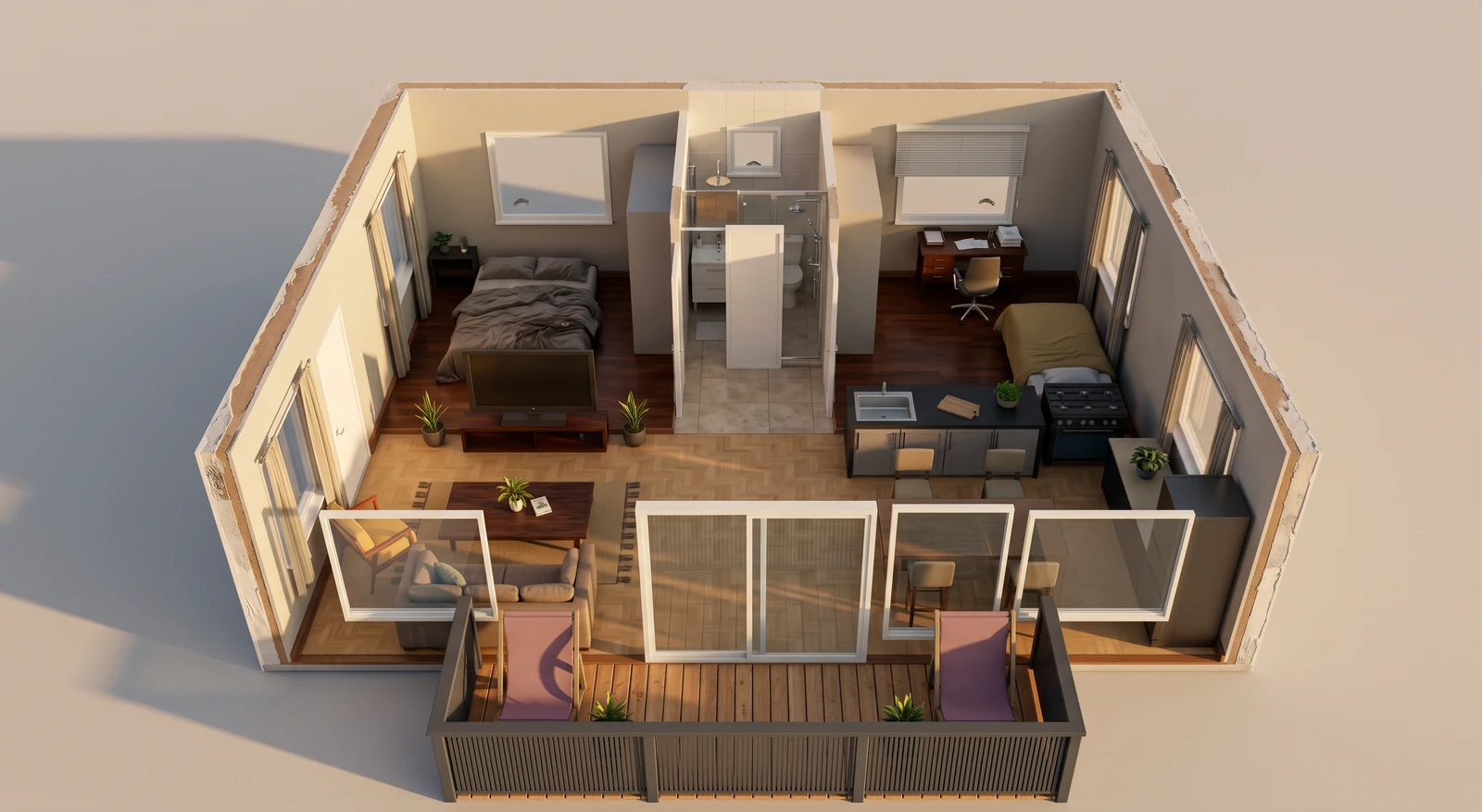 A photoreal render of a furnished two-bedroom flat seen from above with the roof off, in warm low evening sun: two bedrooms and a bathroom at the back, an open kitchen with a hob, a living area with a sofa, a coffee table and a TV on its stand, and a south balcony with two deck chairs