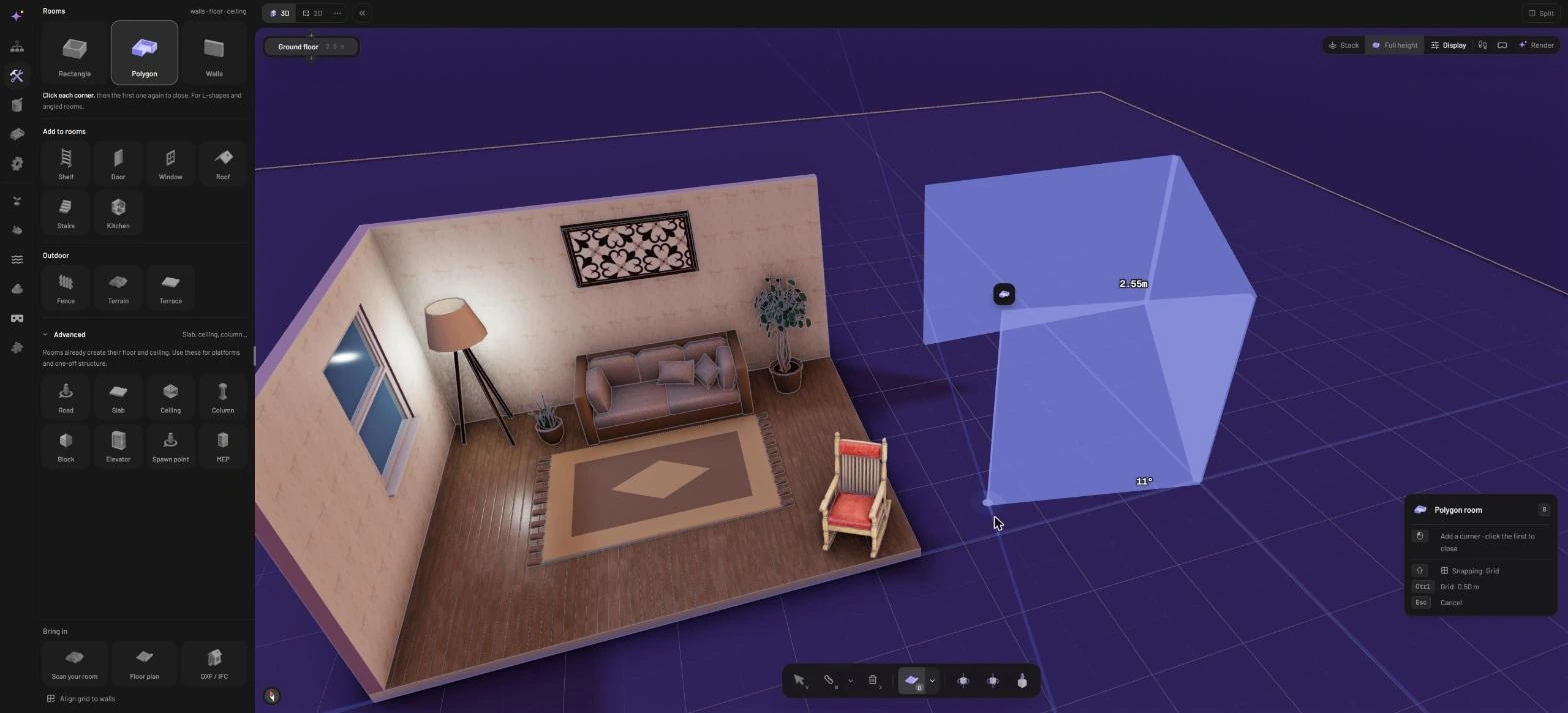 A new polygon room being drawn beside the furnished corner: purple wall previews with a 2.55 m length label and an 11 degree angle, and the Polygon room panel listing the snapping mode, the grid size and the keys