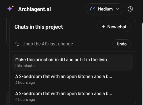 The Chat history menu titled Chats in this project, with a New chat button, an Undo the AI's last change row with an Undo button, and three earlier chats with how long ago each was used