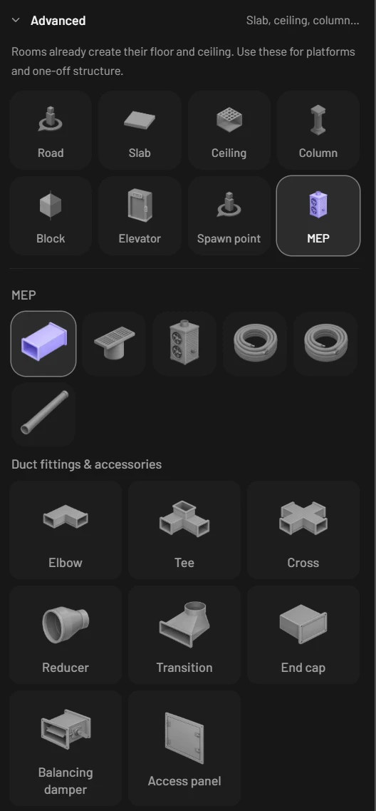 The Advanced group of the Build tab with the MEP tile lit, the MEP grid of six tiles with Duct active, and the Duct fittings and accessories row: Elbow, Tee, Cross, Reducer, Transition, End cap, Balancing damper and Access panel