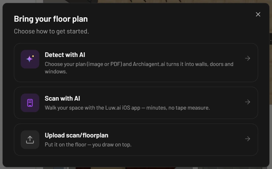 The Bring your floor plan dialog with three options, Detect with AI, Scan with AI and Upload scan/floorplan, each with a one-line explanation