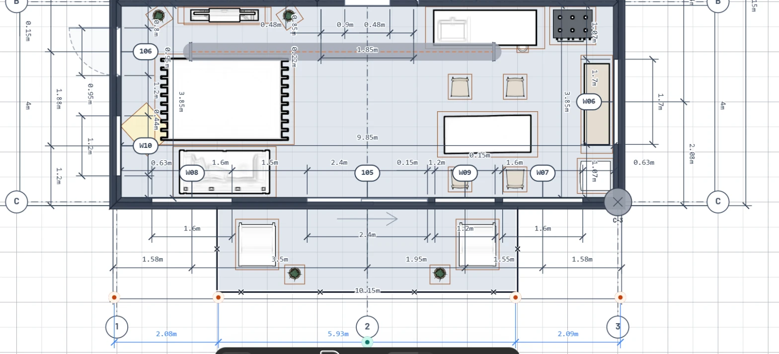 A continuous dimension placed below the south facade and selected, reading 2.08 m, 5.93 m and 2.09 m between grid lines 1, 2 and 3, with its witness points highlighted, above the balcony and the door and window marks W08, W09, W07 and 105