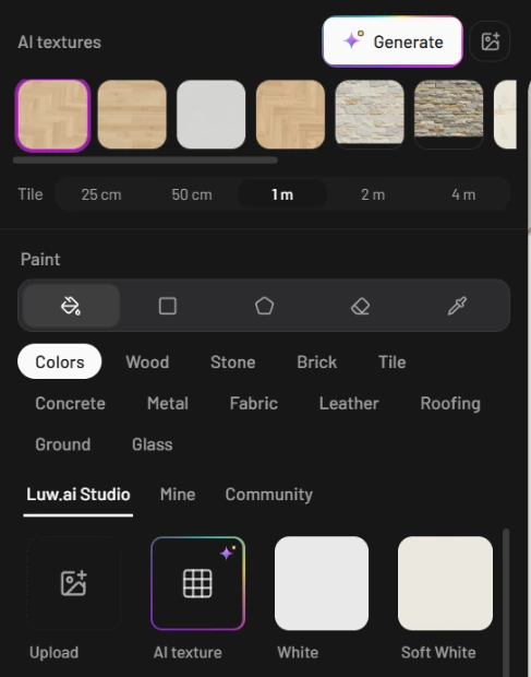 The top of the Paint tab: the AI textures strip with the Generate button and the upload button, a row of wood, plaster and stone textures with the first one ringed, the Tile choice from 25 cm to 4 m with 1 m selected, the paint modes, the material categories, the Luw.ai Studio, Mine and Community tabs, and the Upload and AI texture tiles