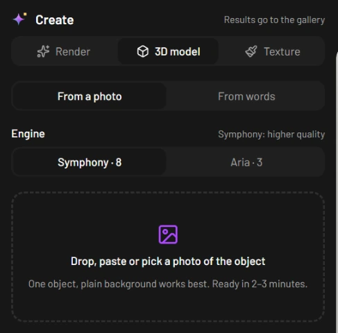 The Create panel on its 3D model tab with From a photo selected, the Engine choice of Symphony · 8 or Aria · 3, and a dashed drop area reading Drop, paste or pick a photo of the object, One object, plain background works best. Ready in 2–3 minutes.