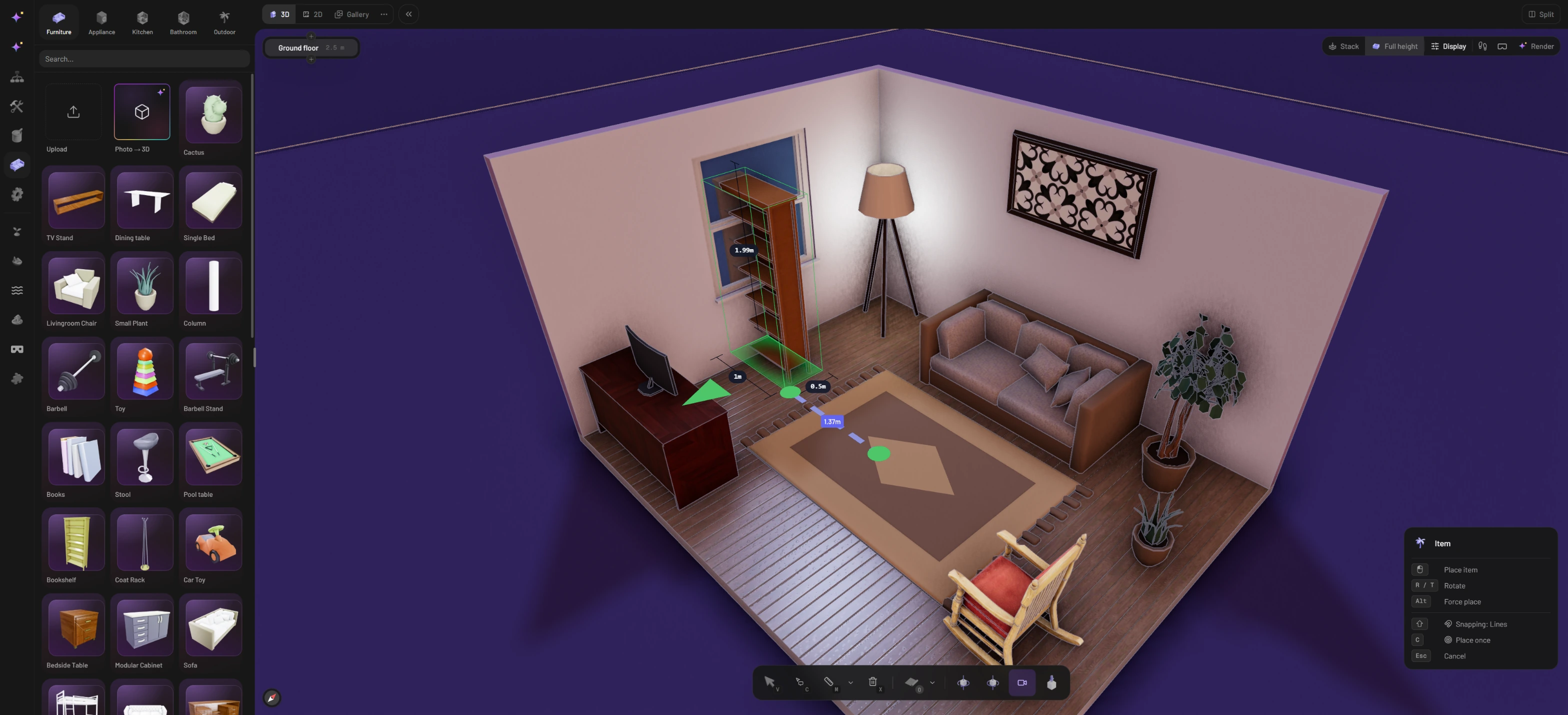 A 1.99 m bookshelf following the cursor in front of the window, with a green footprint, size labels, a 1.37 m guide line and the Item panel of placement keys