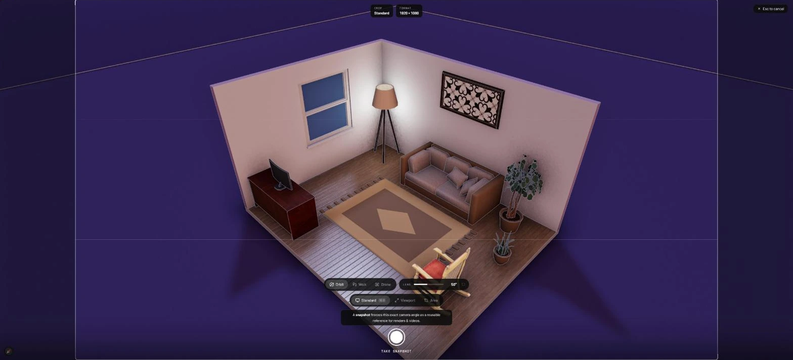 The furnished corner in the snapshot overlay, with Crop: Standard and Format: 1920 × 1080 chips at the top, Esc to cancel at the top right, and the Orbit, Walk and Drone modes, lens, crop options and shutter button at the bottom