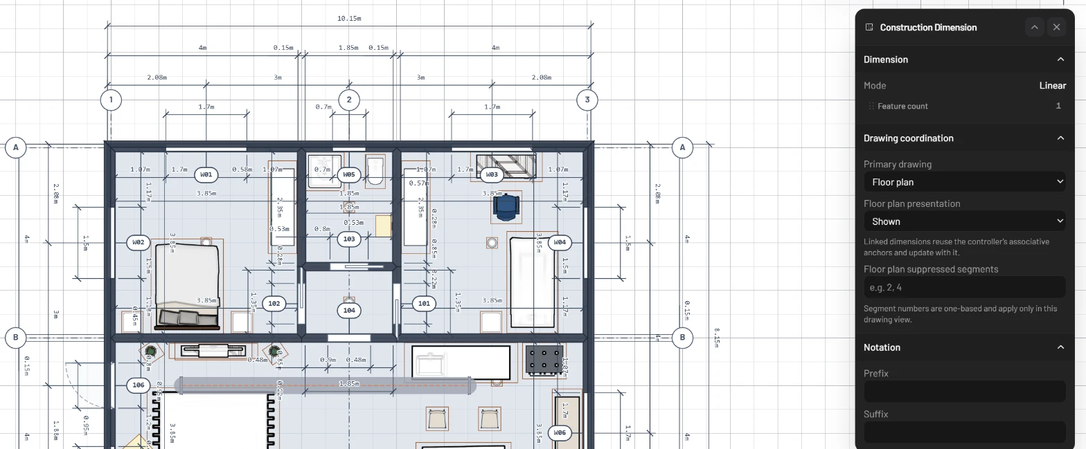 The plan of the flat in Expert mode with grid bubbles 1, 2, 3 and A, B, and the Construction Dimension panel open with the Dimension, Drawing coordination and Notation sections