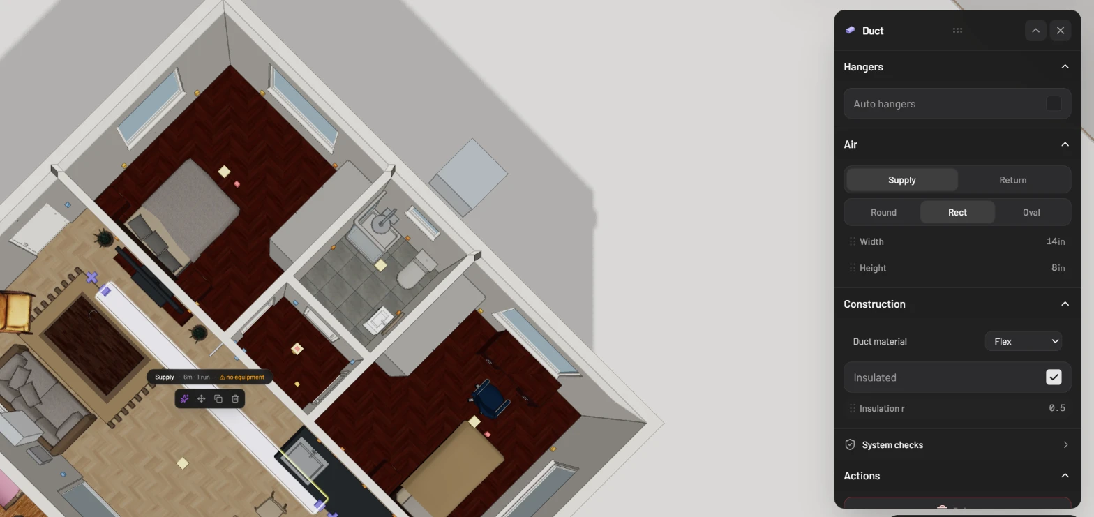 A supply duct selected across the living room, with its tag Supply · 6m · 1 run · no equipment and the Duct panel: Auto hangers, Air set to Supply and Rect with Width 14 in and Height 8 in, Construction with Insulated on and Insulation r, System checks and Actions