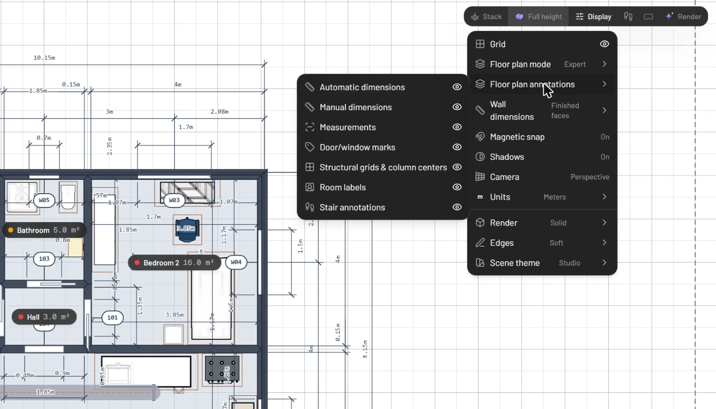The Display menu over the plan with Floor plan mode set to Expert and the Floor plan annotations submenu open: Automatic dimensions, Manual dimensions, Measurements, Door/window marks, Structural grids & column centers, Room labels and Stair annotations, each with an eye icon; behind it the plan with dimension strings and W01, W03, W04 and 101, 103 marks