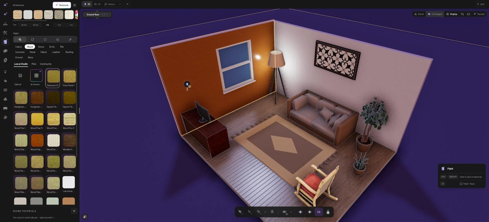Paint mode: the left wall previews the wood material and the Paint panel reads Paint: Face