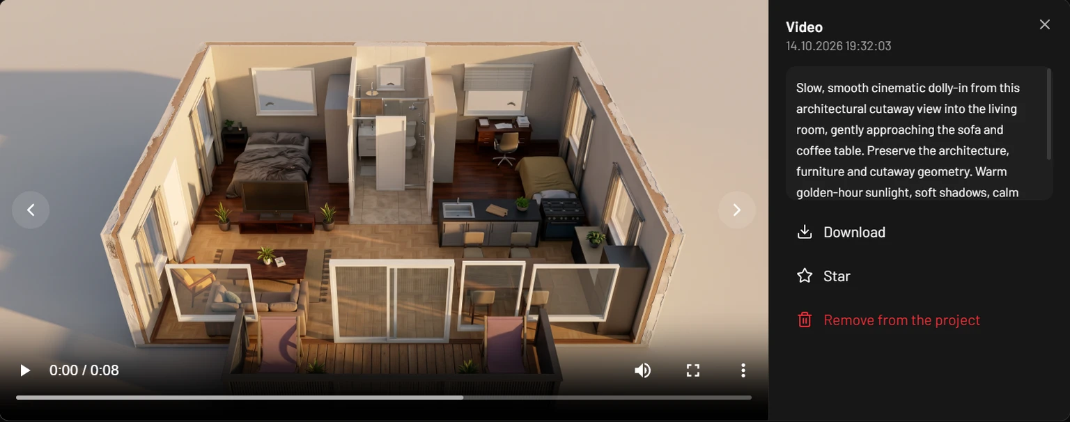 A Gallery item opened large: an 8-second video of the flat playing on the left, and on the right its title Video, the date, the description of the camera move, and Download, Star and Remove from the project