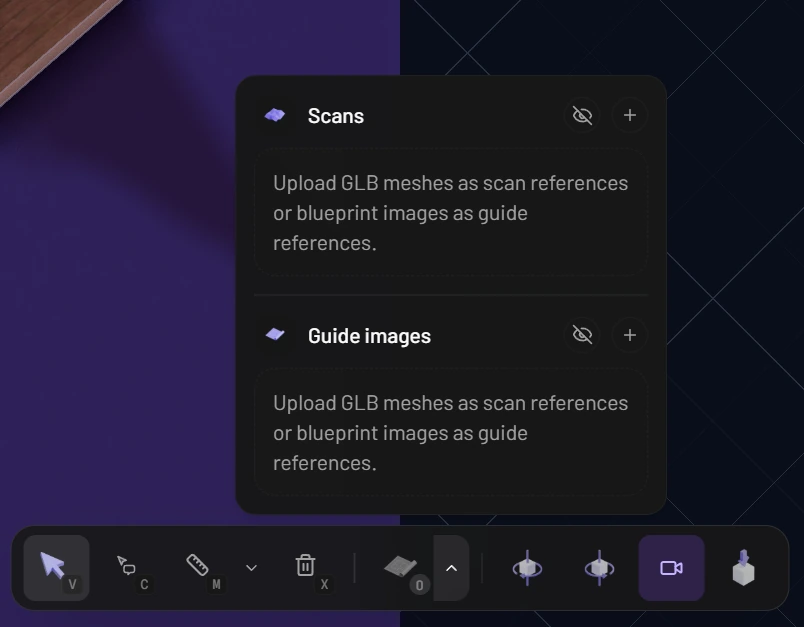 The References menu above the bottom toolbar, with Scans and Guide images sections that each have a visibility button and a plus button, both still empty
