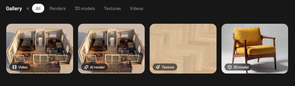 The Gallery header with the count 4 and the filters All, Renders, 3D models, Textures and Videos, above four cards labelled Video, AI render, Texture and 3D model