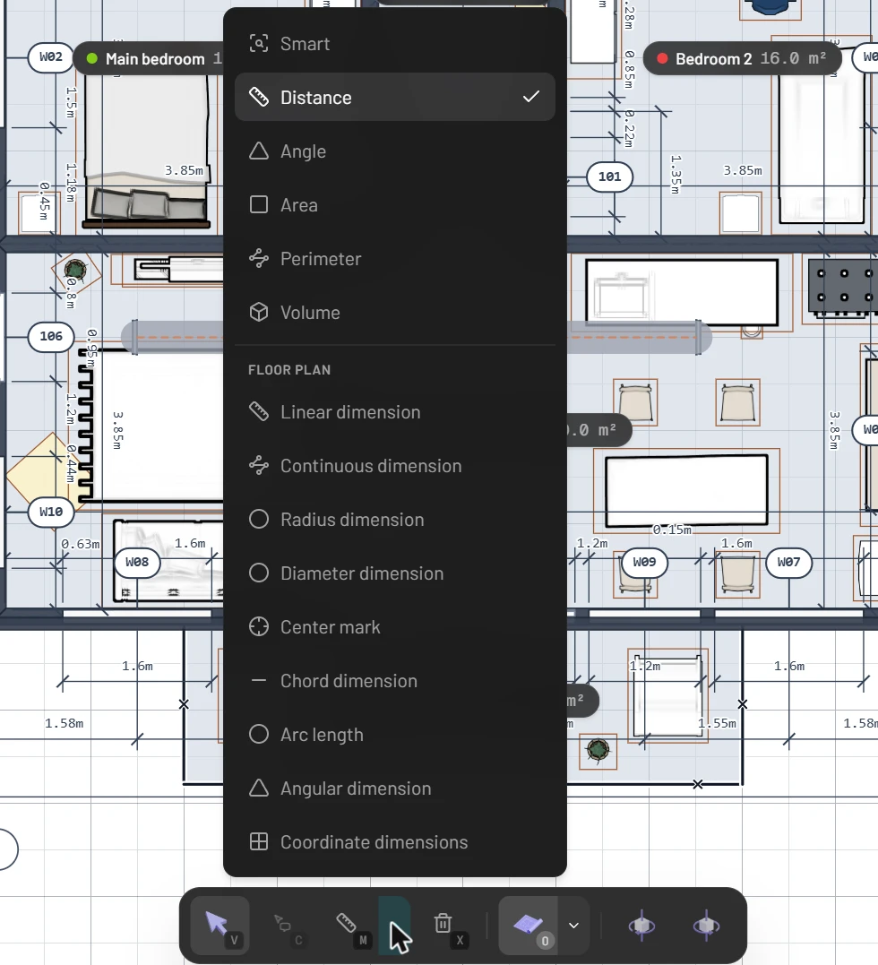 The Measure menu from the bottom toolbar: Smart, Distance, Angle, Area, Perimeter and Volume, then under Floor plan: Linear, Continuous, Radius, Diameter, Center mark, Chord, Arc length, Angular and Coordinate dimensions