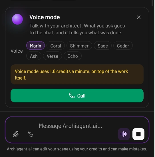 The Voice mode card above the message box: Talk with your architect, a choice of eight voices from Marin to Echo, a note that voice mode uses 1.6 credits a minute on top of the work itself, and a green Call button