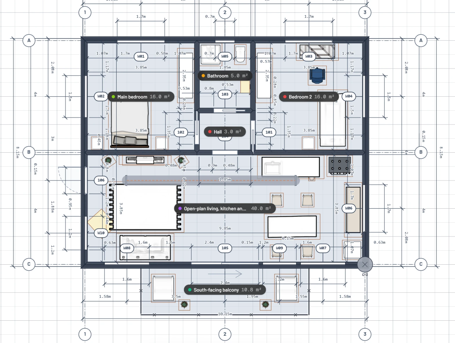 The plan of the flat in Expert mode with grid lines 1, 2, 3 and A, B, C, a bubble at each end, and a column on the south-east corner labelled C-3, over the rooms, door and window marks and dimension strings