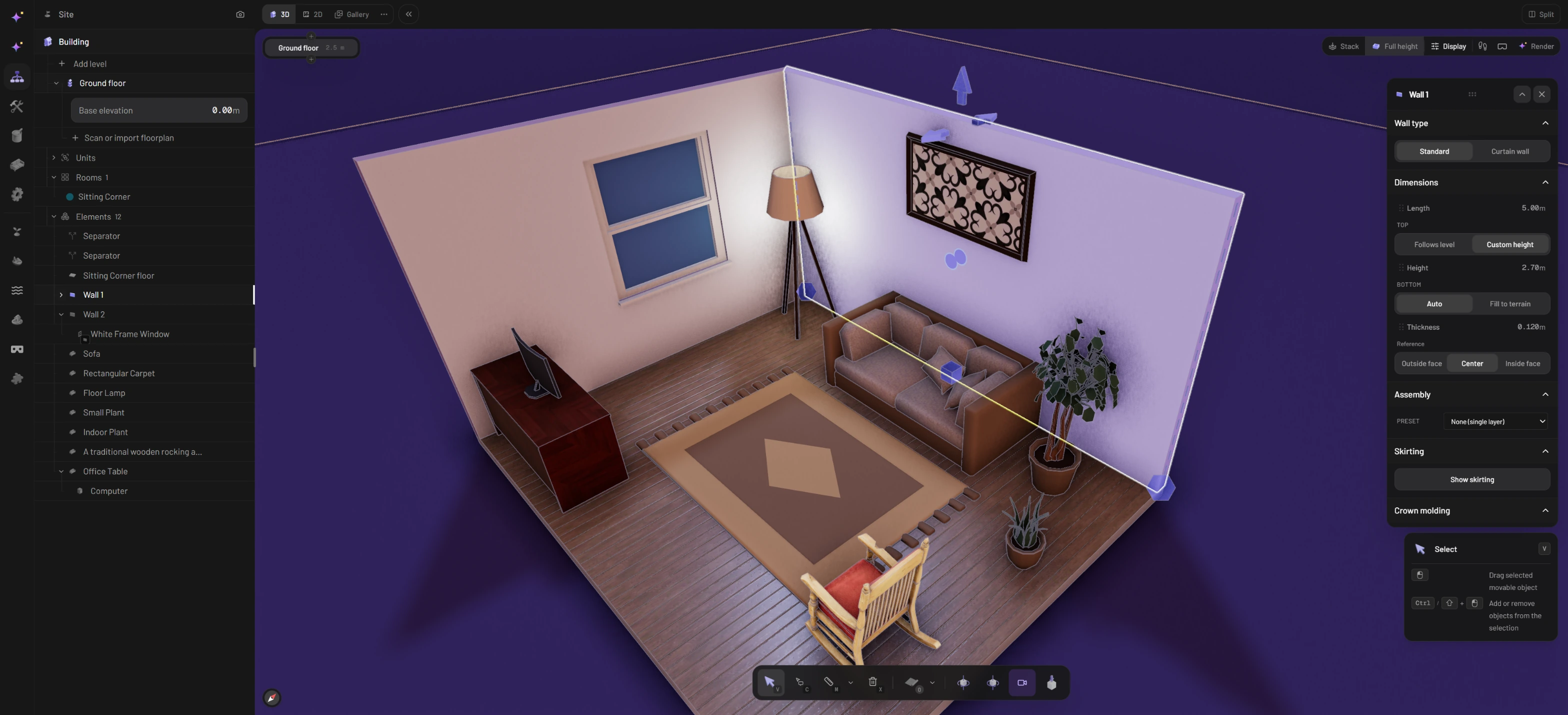 Wall 1 selected in 3D: highlighted in purple with handles at its ends, height and push arrows, the action bar above, and its panel with wall type, length 5.00 m, custom height 2.70 m, thickness, reference, assembly, skirting and crown molding