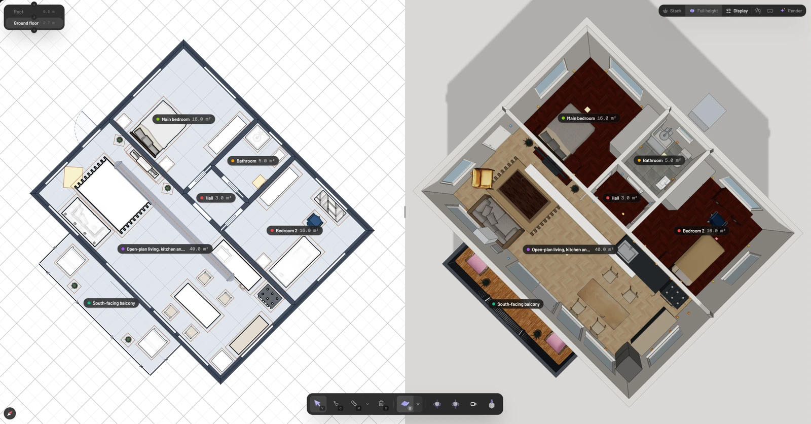 Split view of the flat from above: on the left the 2D plan with the duct drawn as a grey band with an orange dashed centre line, on the right the same duct in 3D under the ceiling
