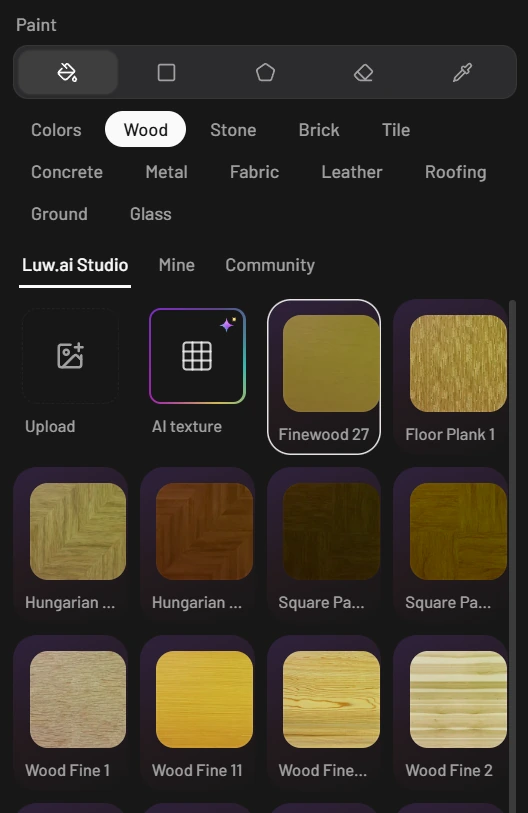 The Paint panel with the Wood category selected: the Luw.ai Studio library tab, the Upload and AI texture tiles, and a grid of plank, parquet and fine wood swatches